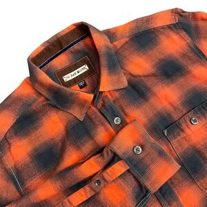 32 Bar Blues Flannel button up Shirt Mens Large Orange Navy Plaid  Cotton